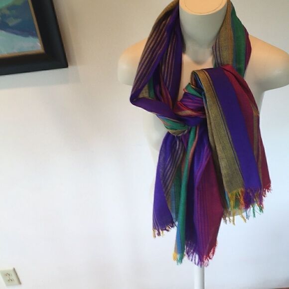 Vintage Southwest hand made Shawl Scarf rainbow colors stripes pattern Mint - Picture 2 of 8